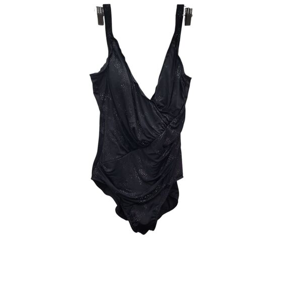 Miraclesuit One Piece Swimsuit Surplice Neck Ruched Bodice in Black/Silver 14 - Picture 12 of 12